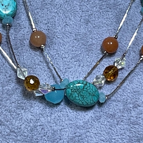 Three strand turquoise stone bead and brown bead silver link necklace set - Picture 2 of 3